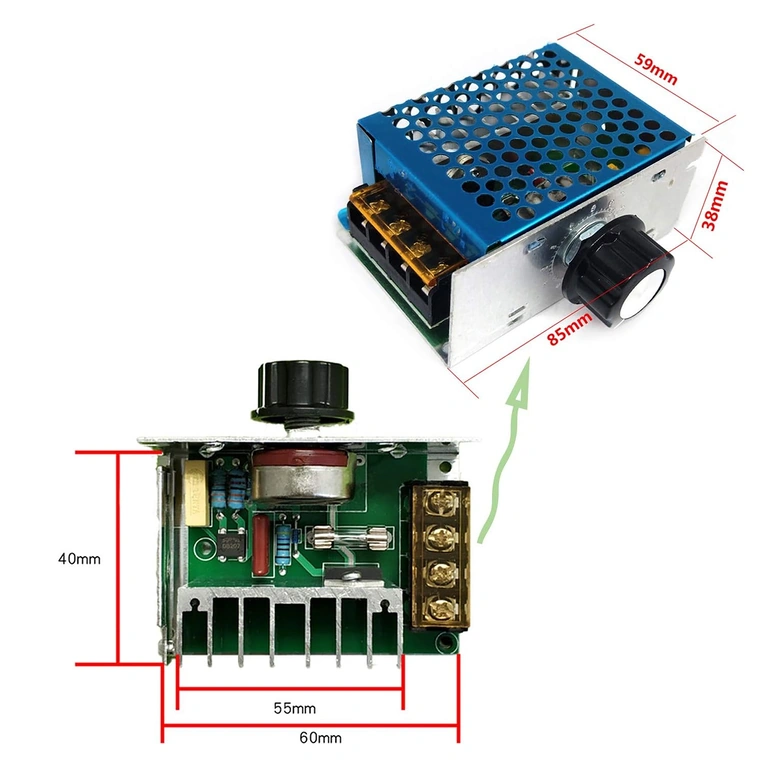 Detailne pilt 220V pingeregulaatori moodulist ja elektroonikatest: triac, jahutus, potentsiomeeter, mõõdud 8,5 x 5,8 x 3,8 cm