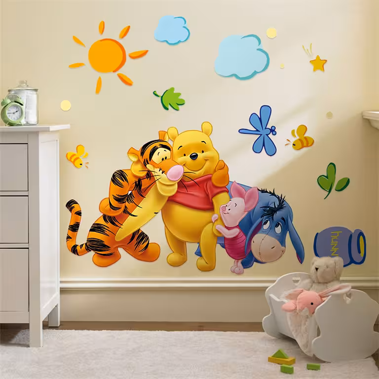 Seinast kleebitav dekoratiivne kleebis Winnie the Pooh ja sõpradega – laste toa multifilmikleebis
