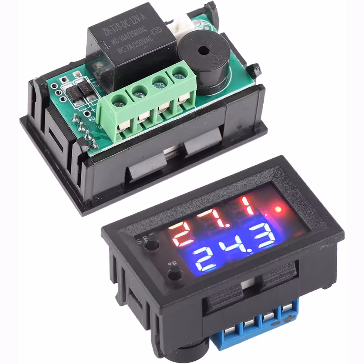 Termostaadi esikülg ja tagakülg koos ekraani ja ühenduspunktidega