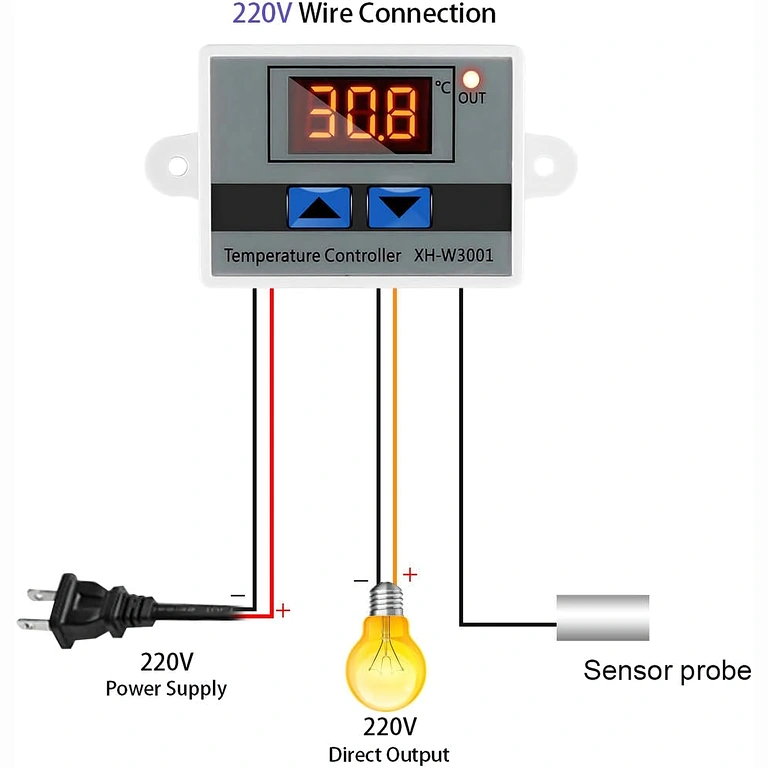 XH-W3001 termostaadi ühendusskeem 220V XH-W3001 digitaalse termostaadi paigaldusskeem 220V AC ja releeühendustega