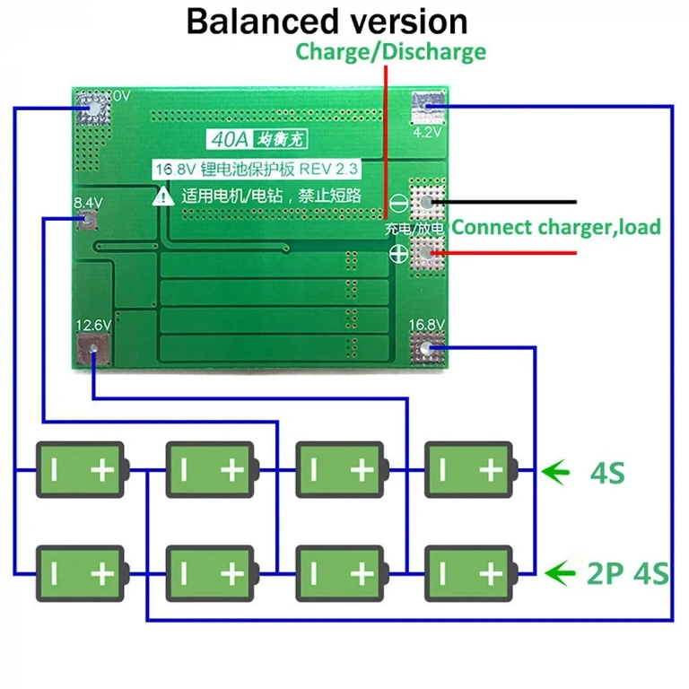 BMS 4S 40A kaitsekaabli ühendusdiagramm Li-ion akudele