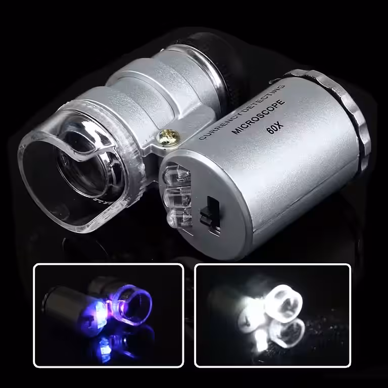 Stereomikroskoop 60× LED-iga ja UV-lamp – raha kontrolliks, juveliirile, kellasepale