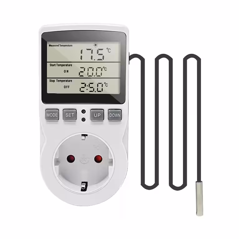 Programmeeritav pistikutermostaat temperatuurianduriga – elektriradiaatoritele ja küttekehadele, taimerifunktsiooniga