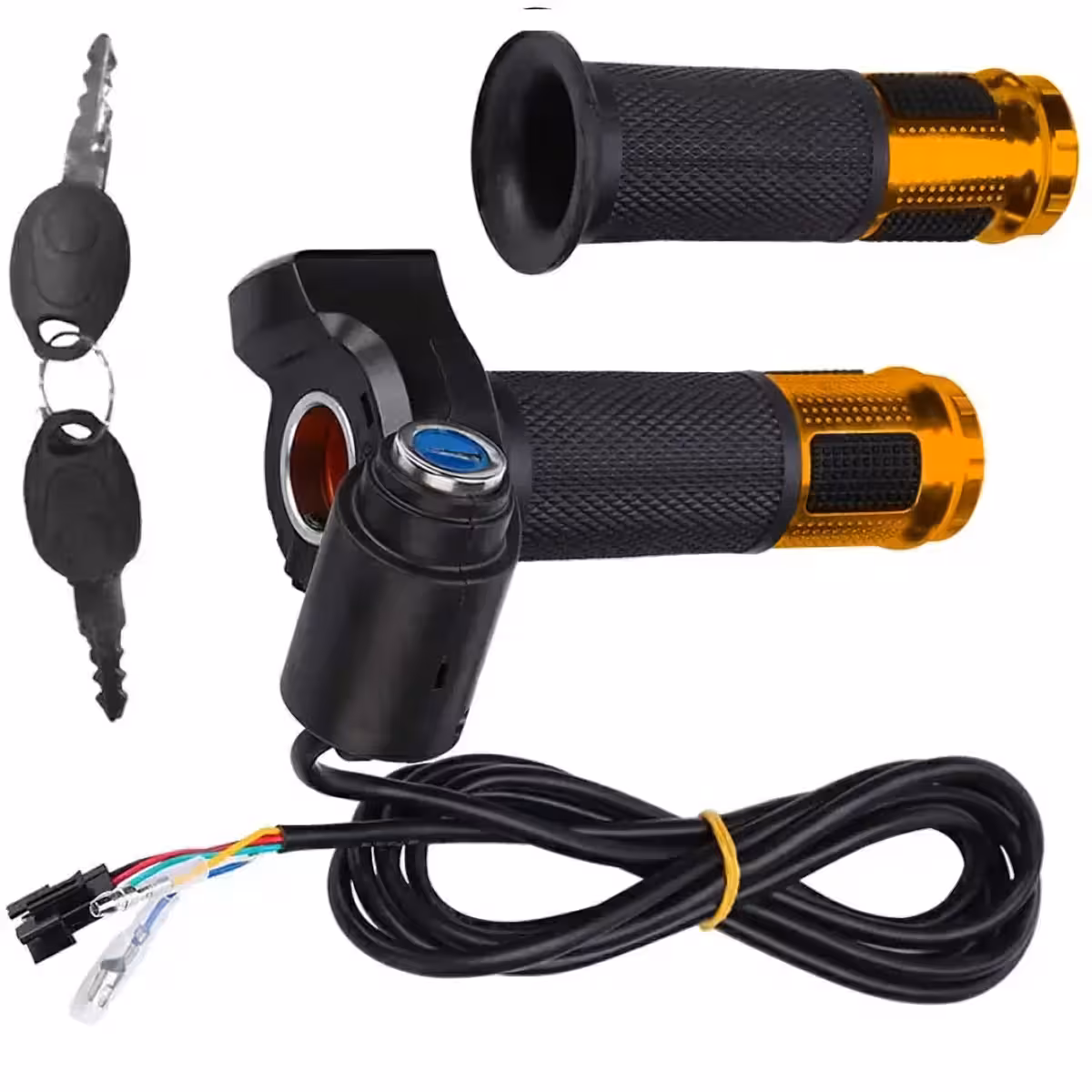 Topeltgaasipulk lüliti, voltmeeter ja võti elektritõukeratta jaoks