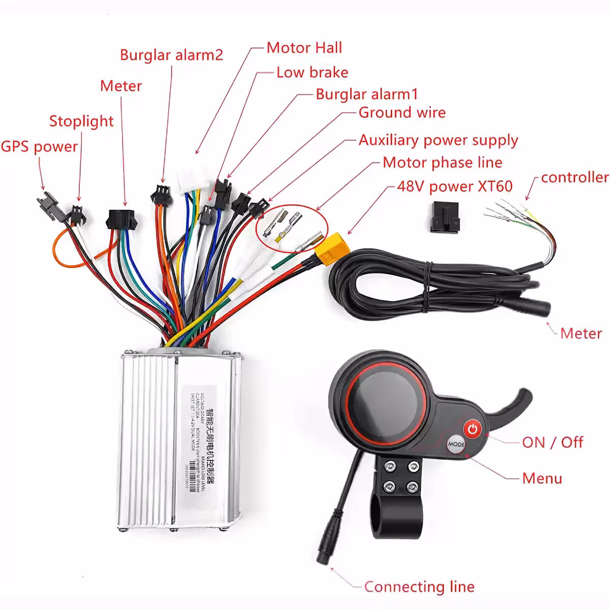 Täielik 48V kontrolleri ja gaasikäepideme komplekt elektritõukerattale