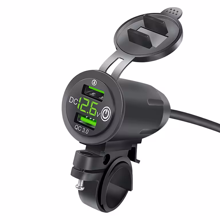 USB laadija telefonile voltmeetri ja QC 3.0 – mootorratta pistik, kiire laadimine