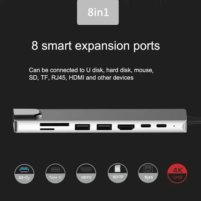 8-ühes USB-C dokkimisjaam 8-ühes dokk HDMI, RJ45, USB ja kaardilugejaga