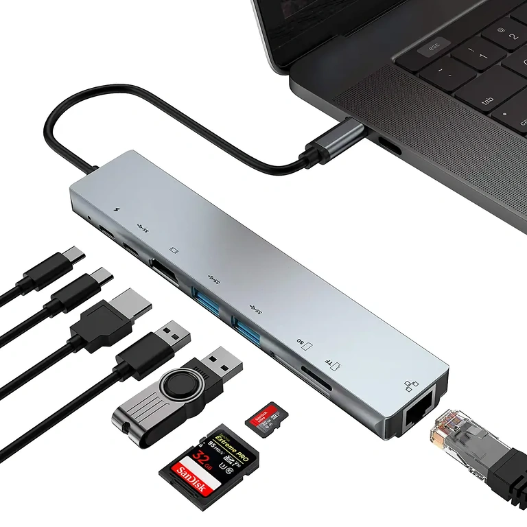 Mitmefunktsionaalne USB-C adapter sülearvutile USB-C adapter HDMI, RJ45, USB ja kaardilugejaga sülearvutitele