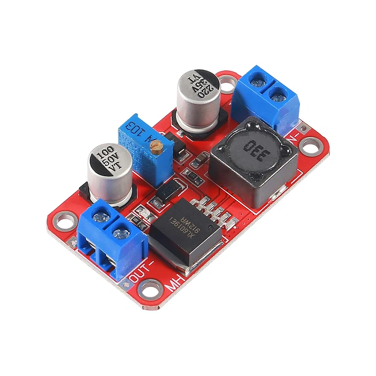 XL6019 DC-DC Boost Converter moodul – külgvaade (nurk 2) XL6019 DC-DC Boost Converter külgvaates, teine perspektiiv mõõtmetele ja struktuurile