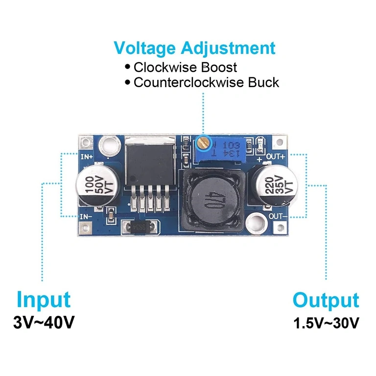 LM2596S ühenduse näide – sisendpinge 4-35V, väljund 1.23-30V LM2596S DC-DC step-down mooduli ühendusskeem, pinge reguleerimine 1,25–35V