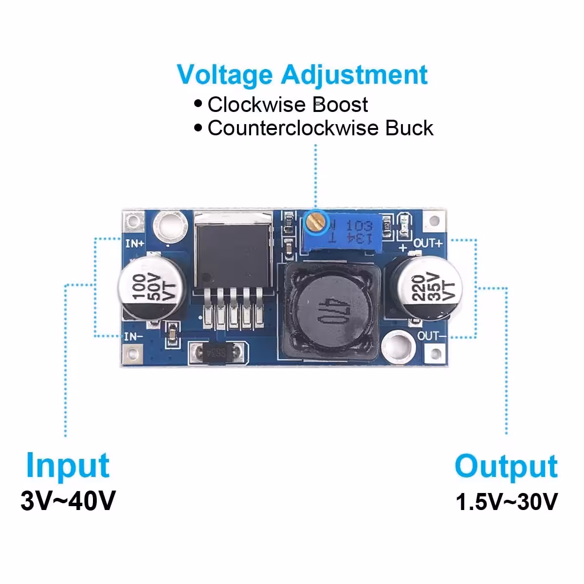 LM2596S DC-DC step-down mooduli ühendusskeem, pinge reguleerimine 1,25–35V