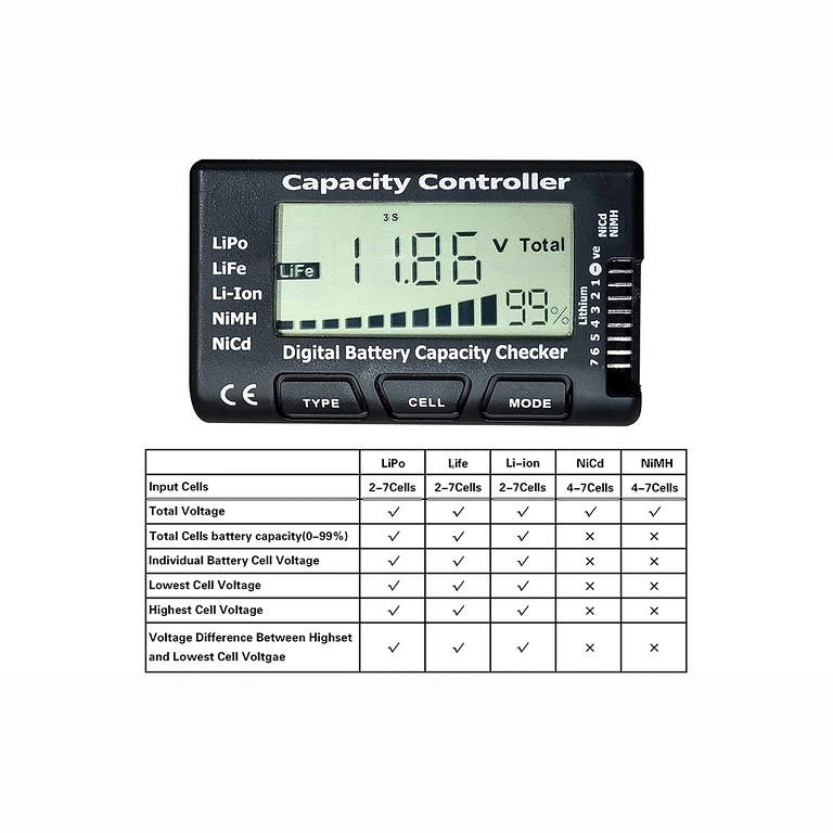 2–7S Li-Ion, LiPo, LiFe digitaaltester, kõrge täpsus