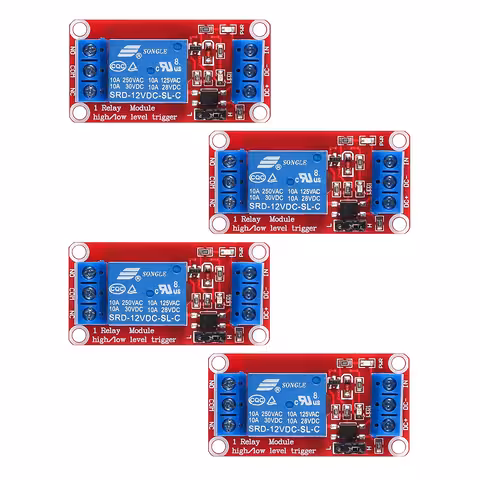 Komplekt 4 tk: juhtrelee 5V / 12V optoeraldiga – 1-kanaliline moodul, NC/NO, High/Low, 10A