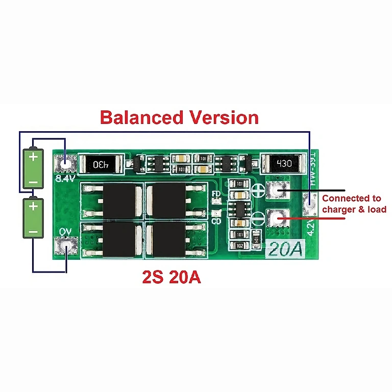 BMS 2S 20A 7.4V mooduli detailne ühendusskeem, tasakaalustus, akude ja väljundite ühendused