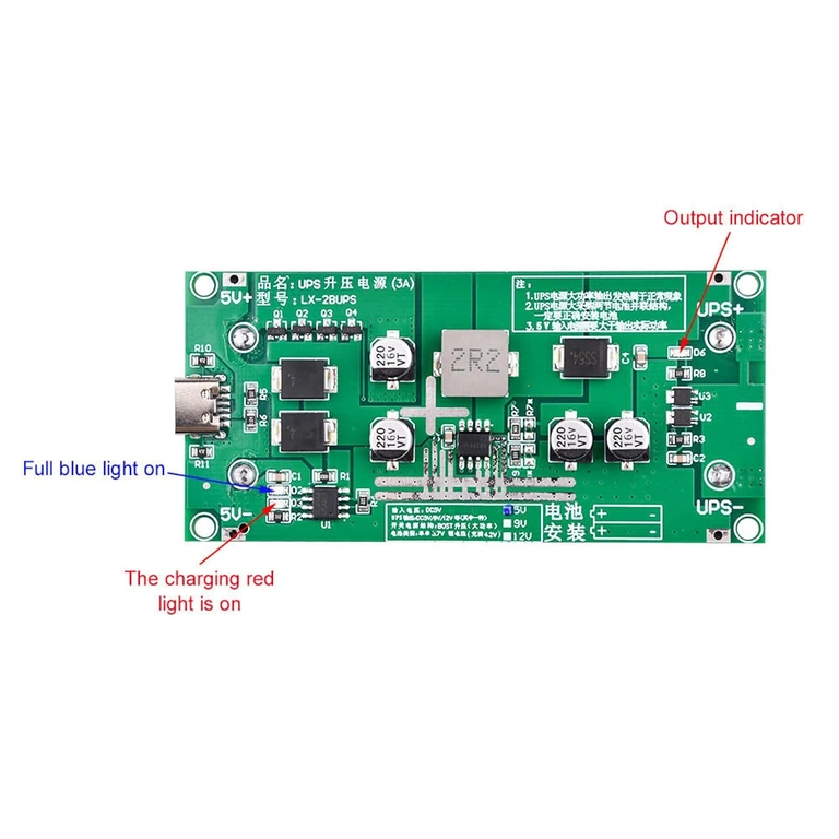 Mini UPS mooduli punase/rohelise LED indikaator akuseisundi ja laadimise jaoks