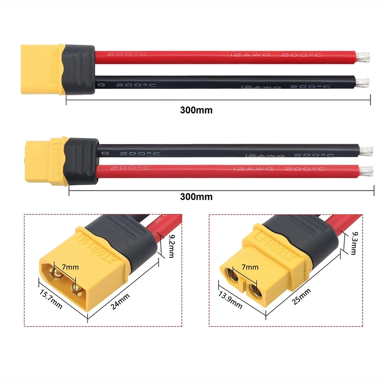 XT60 emane ja isane pistiku mõõtmed