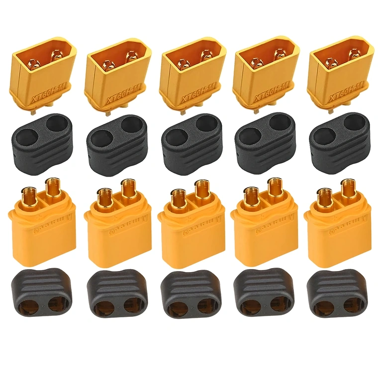 Ülevaade 5 XT60H pistiku komplektist, näidates kullatud kontakte